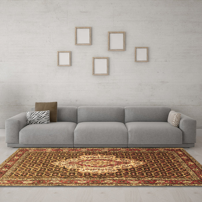 Machine Washable Medallion Brown Traditional Rug in a Living Room,, wshtr1495brn