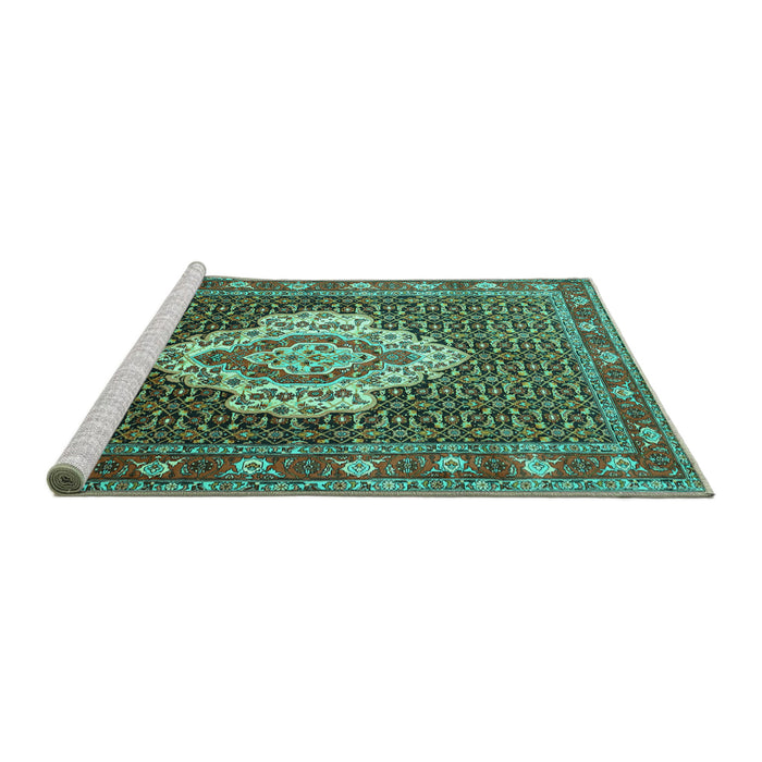 Sideview of Machine Washable Medallion Turquoise Traditional Area Rugs, wshtr1495turq