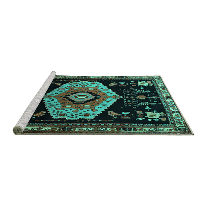 Sideview of Machine Washable Persian Turquoise Traditional Area Rugs, wshtr1497turq