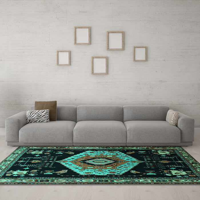 Machine Washable Persian Turquoise Traditional Area Rugs in a Living Room,, wshtr1497turq
