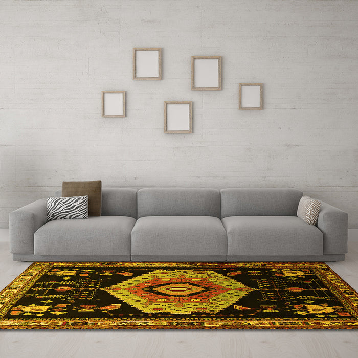 Machine Washable Persian Yellow Traditional Rug in a Living Room, wshtr1497yw