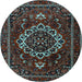 Round Machine Washable Medallion Light Blue Traditional Rug, wshtr1498lblu