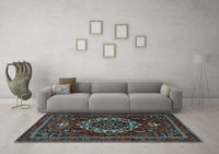 Machine Washable Medallion Light Blue Traditional Rug, wshtr1498lblu