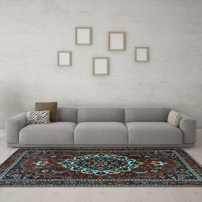 Machine Washable Medallion Light Blue Traditional Rug in a Living Room, wshtr1498lblu