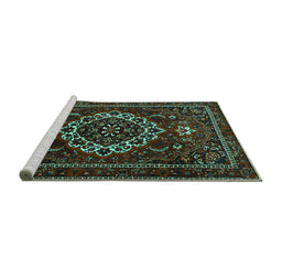 Sideview of Machine Washable Medallion Turquoise Traditional Area Rugs, wshtr1498turq
