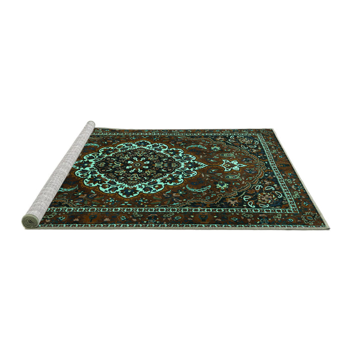 Sideview of Machine Washable Medallion Turquoise Traditional Area Rugs, wshtr1498turq