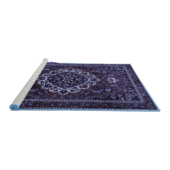 Sideview of Machine Washable Medallion Blue Traditional Rug, wshtr1498blu