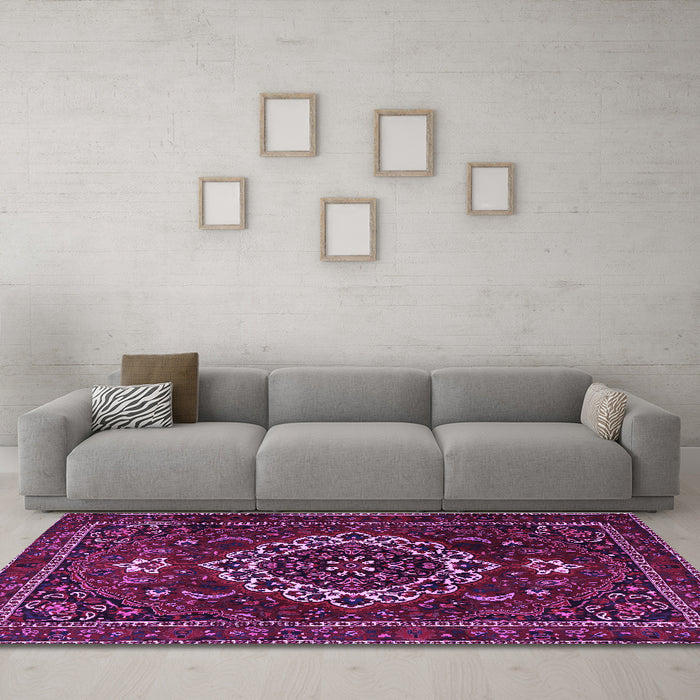 Machine Washable Medallion Purple Traditional Area Rugs in a Living Room, wshtr1498pur