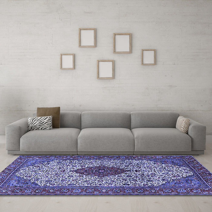 Machine Washable Persian Blue Traditional Rug in a Living Room, wshtr1499blu