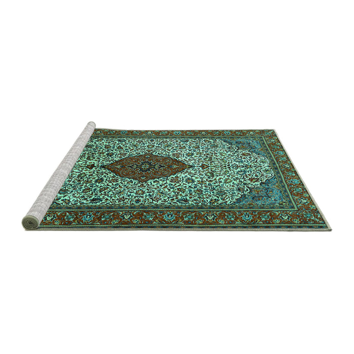 Sideview of Machine Washable Persian Turquoise Traditional Area Rugs, wshtr1499turq