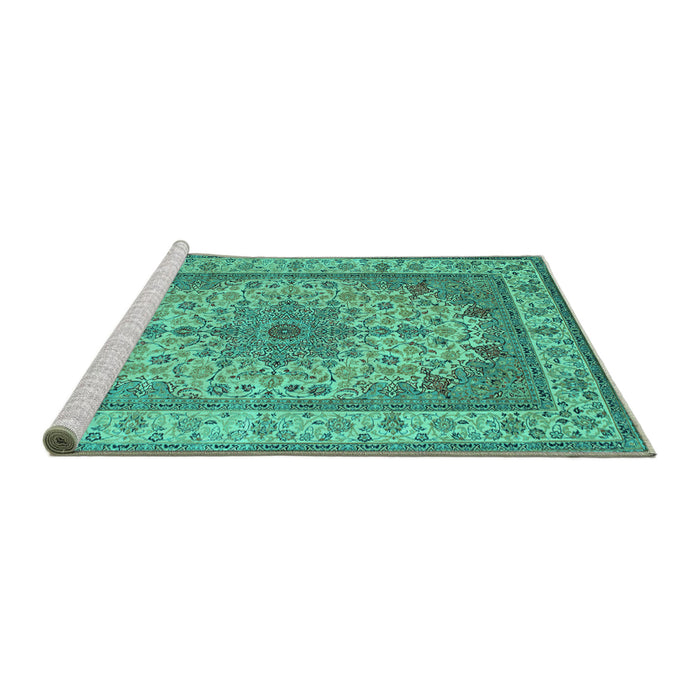 Sideview of Machine Washable Medallion Turquoise Traditional Area Rugs, wshtr149turq