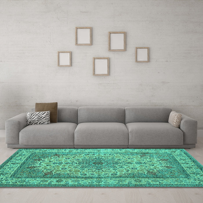 Machine Washable Medallion Turquoise Traditional Area Rugs in a Living Room,, wshtr149turq
