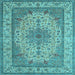 Square Machine Washable Medallion Light Blue Traditional Rug, wshtr149lblu