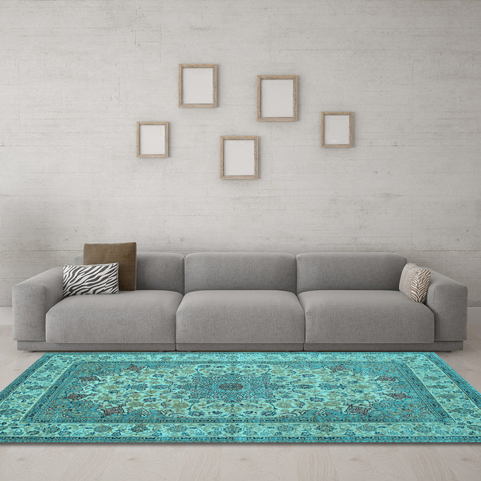 Machine Washable Medallion Light Blue Traditional Rug in a Living Room, wshtr149lblu