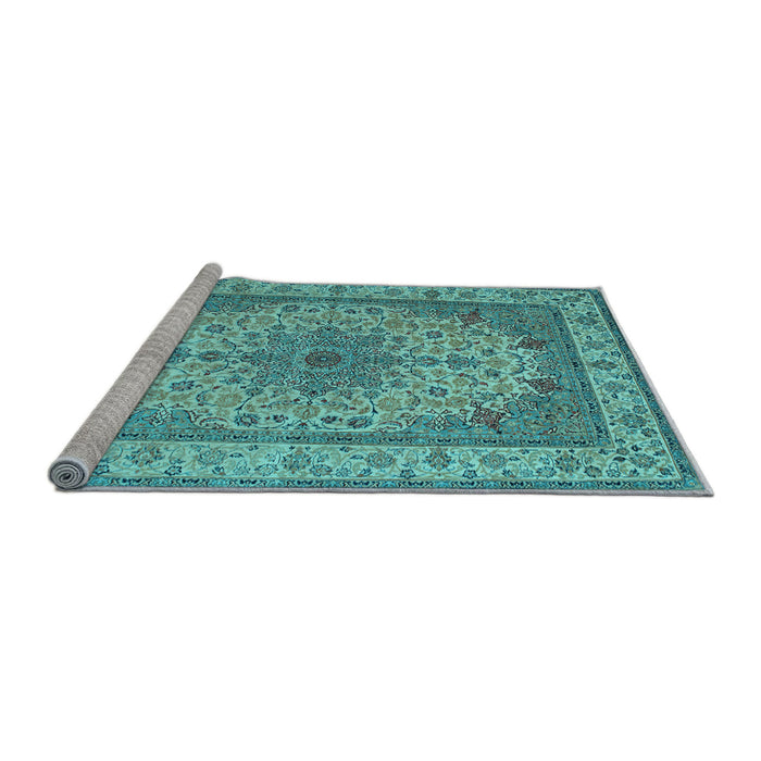 Sideview of Machine Washable Medallion Light Blue Traditional Rug, wshtr149lblu