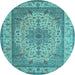 Round Machine Washable Medallion Light Blue Traditional Rug, wshtr149lblu