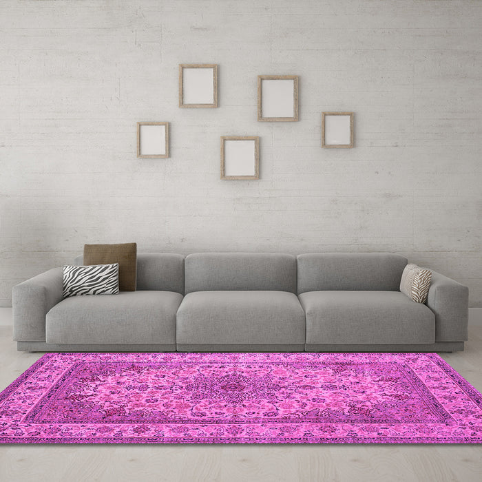 Machine Washable Medallion Pink Traditional Rug in a Living Room, wshtr149pnk