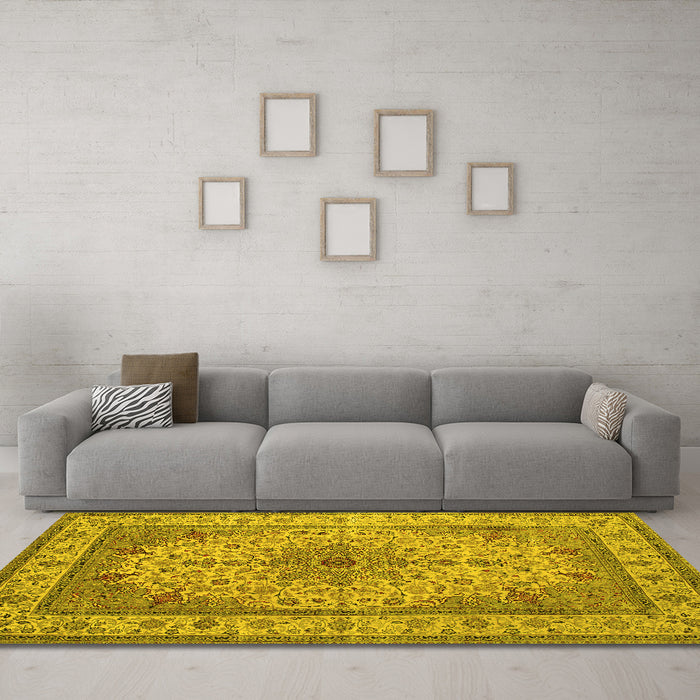 Machine Washable Medallion Yellow Traditional Rug in a Living Room, wshtr149yw
