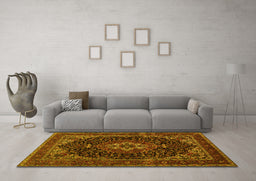 Machine Washable Medallion Yellow Traditional Rug in a Living Room, wshtr14yw