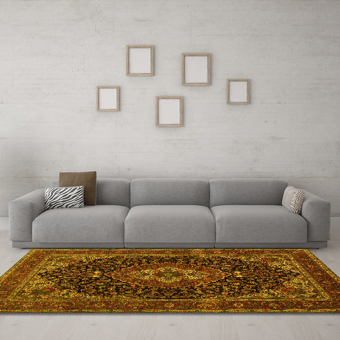 Machine Washable Medallion Yellow Traditional Rug in a Living Room, wshtr14yw