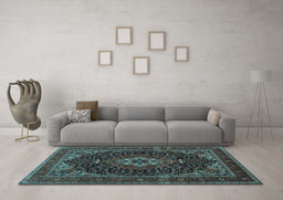Machine Washable Medallion Light Blue Traditional Rug in a Living Room, wshtr14lblu