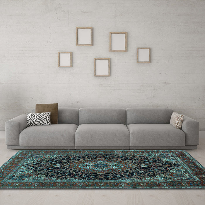 Machine Washable Medallion Light Blue Traditional Rug in a Living Room, wshtr14lblu