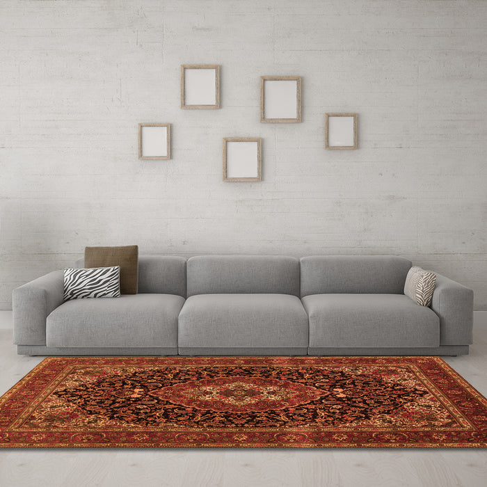 Machine Washable Medallion Orange Traditional Area Rugs in a Living Room, wshtr14org