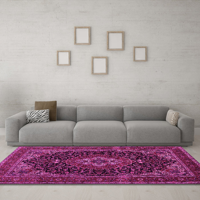 Machine Washable Medallion Pink Traditional Rug in a Living Room, wshtr14pnk