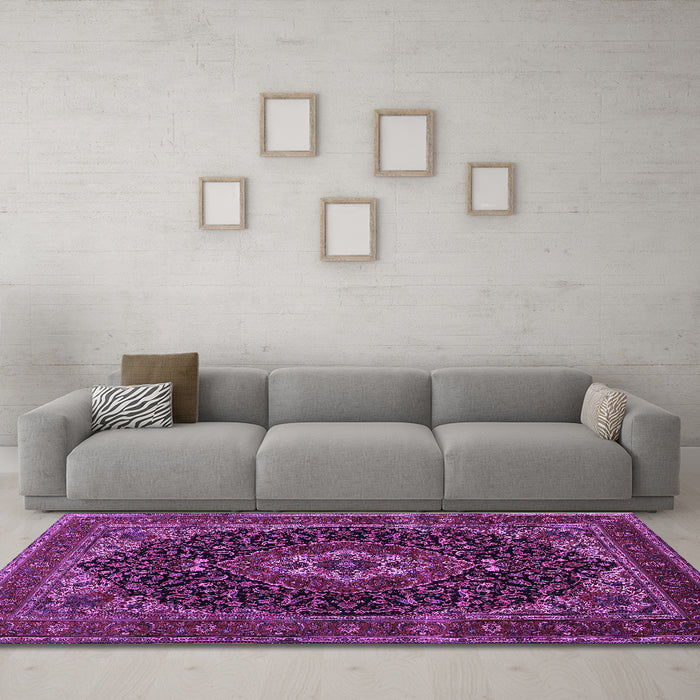 Machine Washable Medallion Purple Traditional Area Rugs in a Living Room, wshtr14pur