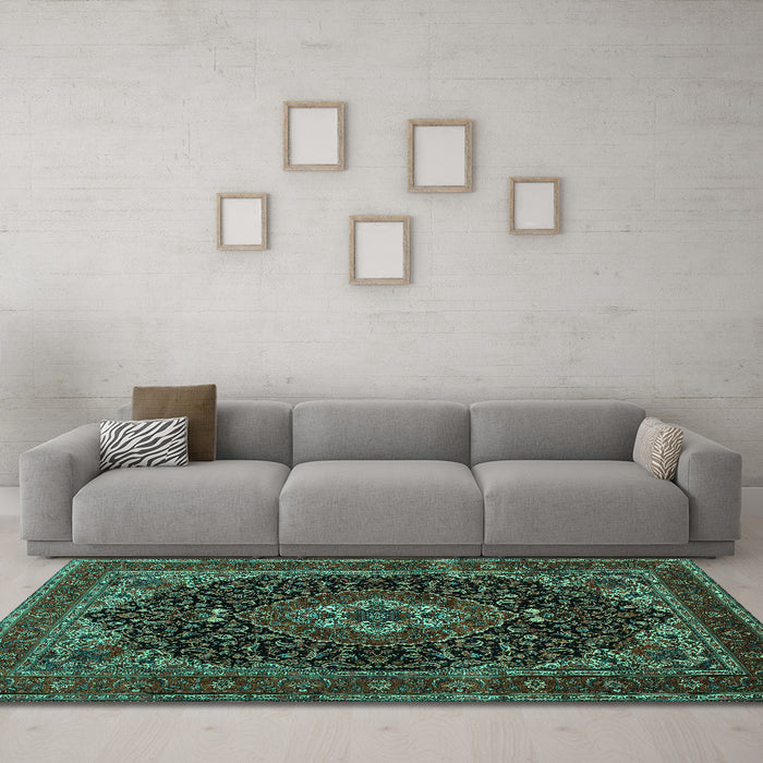 Machine Washable Medallion Turquoise Traditional Area Rugs in a Living Room,, wshtr14turq