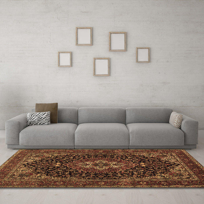 Machine Washable Medallion Brown Traditional Rug in a Living Room,, wshtr14brn