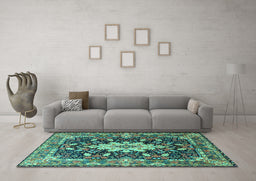 Machine Washable Persian Turquoise Traditional Area Rugs in a Living Room,, wshtr1500turq