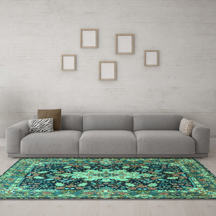 Machine Washable Persian Turquoise Traditional Area Rugs in a Living Room,, wshtr1500turq