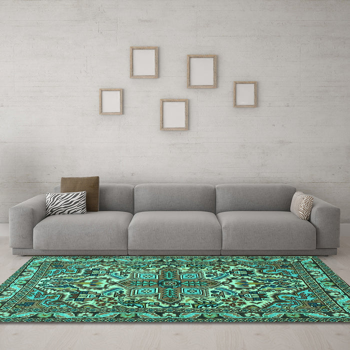 Machine Washable Persian Turquoise Traditional Area Rugs in a Living Room,, wshtr1501turq