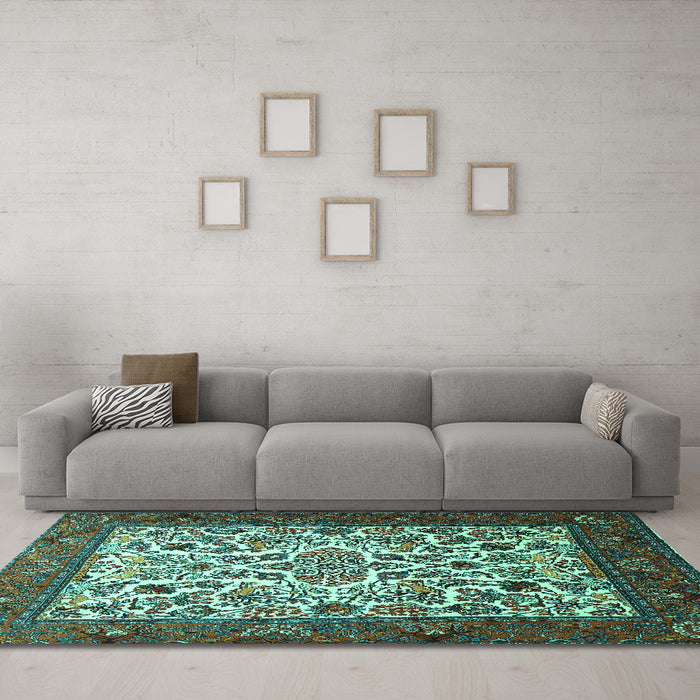 Machine Washable Persian Turquoise Traditional Area Rugs in a Living Room,, wshtr1502turq
