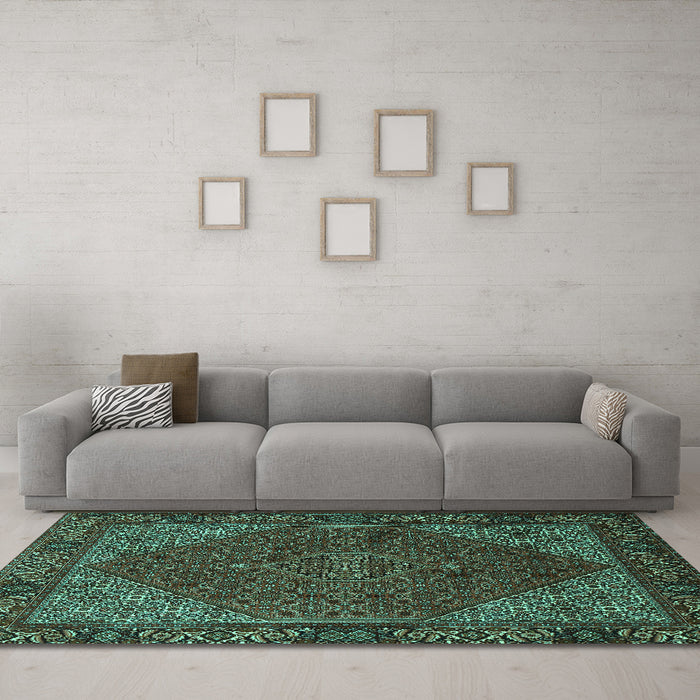 Machine Washable Persian Turquoise Traditional Area Rugs in a Living Room,, wshtr1503turq