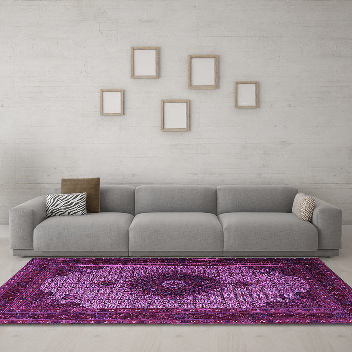 Machine Washable Medallion Purple Traditional Area Rugs in a Living Room, wshtr1504pur
