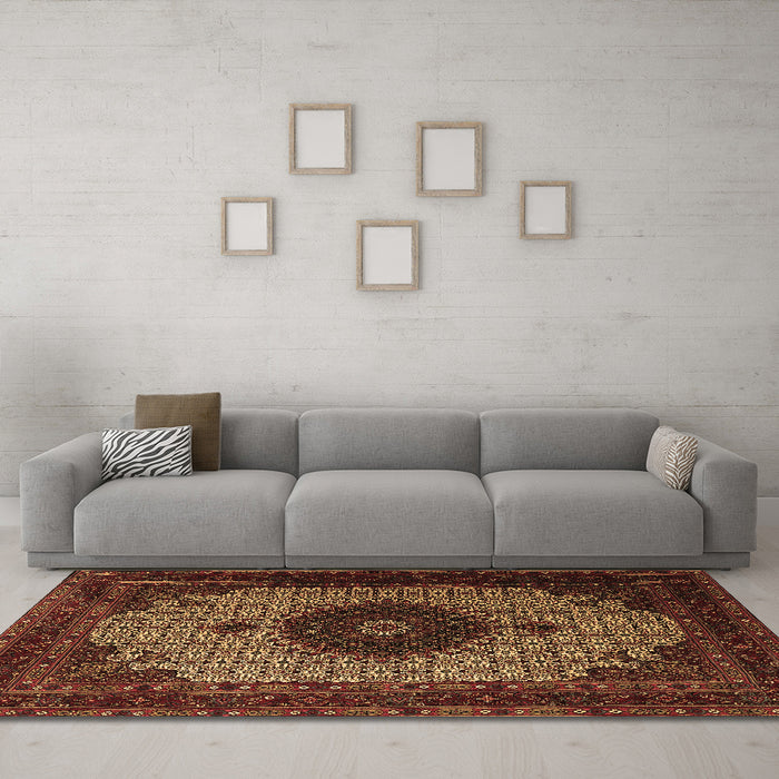 Machine Washable Medallion Brown Traditional Rug in a Living Room,, wshtr1504brn