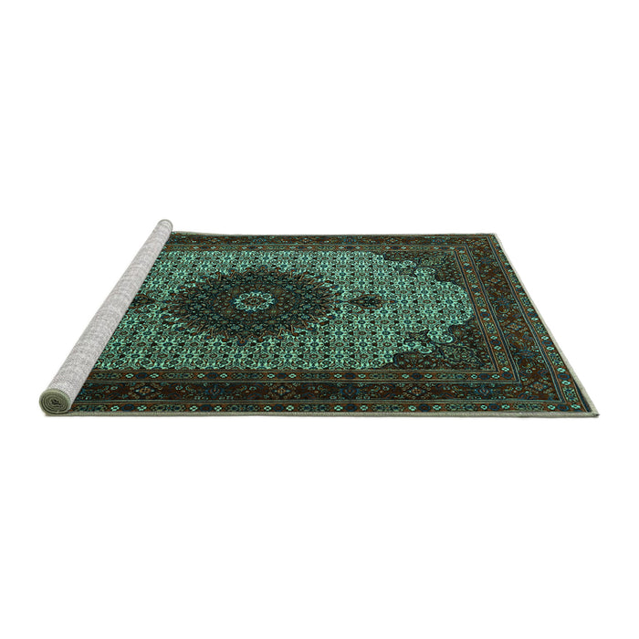Sideview of Machine Washable Medallion Turquoise Traditional Area Rugs, wshtr1504turq