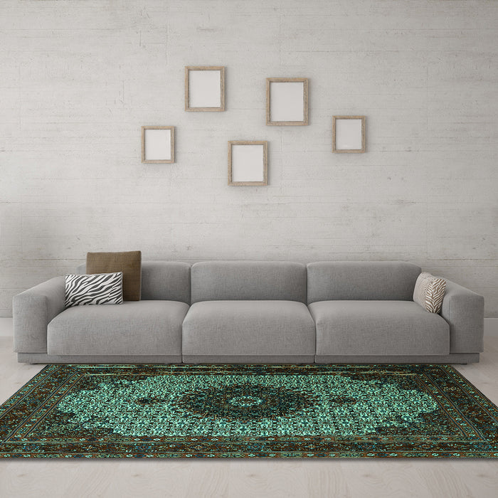 Machine Washable Medallion Turquoise Traditional Area Rugs in a Living Room,, wshtr1504turq