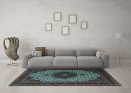 Machine Washable Medallion Light Blue Traditional Rug in a Living Room, wshtr1504lblu
