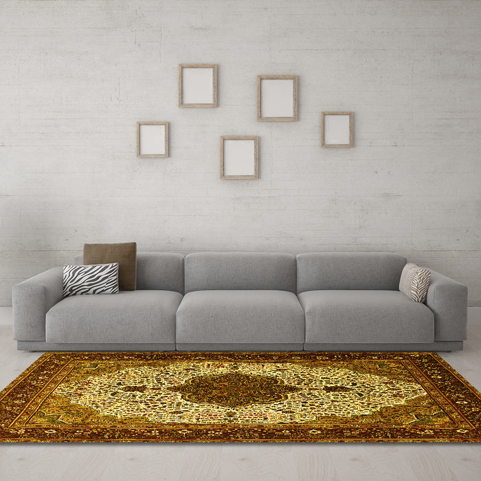 Machine Washable Medallion Yellow Traditional Rug in a Living Room, wshtr1505yw
