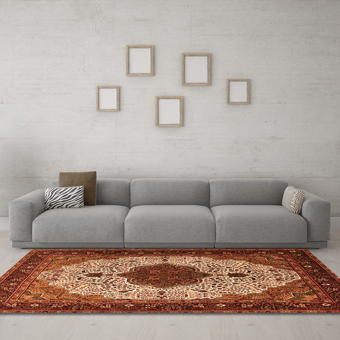 Machine Washable Medallion Orange Traditional Area Rugs in a Living Room, wshtr1505org