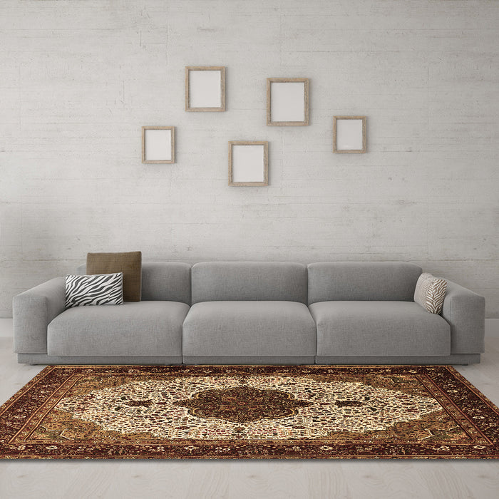 Machine Washable Medallion Brown Traditional Rug in a Living Room,, wshtr1505brn