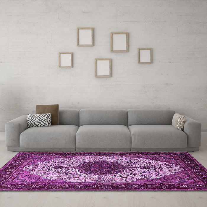 Machine Washable Medallion Purple Traditional Area Rugs in a Living Room, wshtr1505pur
