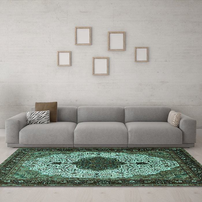 Machine Washable Medallion Turquoise Traditional Area Rugs in a Living Room,, wshtr1505turq