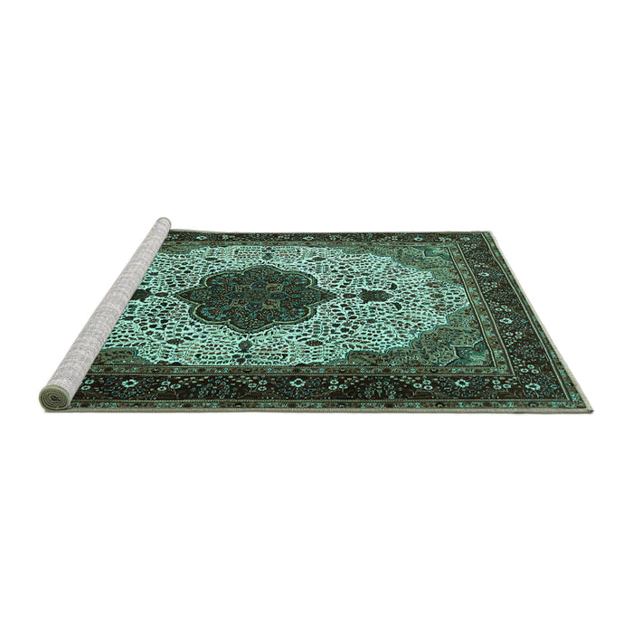 Sideview of Machine Washable Medallion Turquoise Traditional Area Rugs, wshtr1505turq