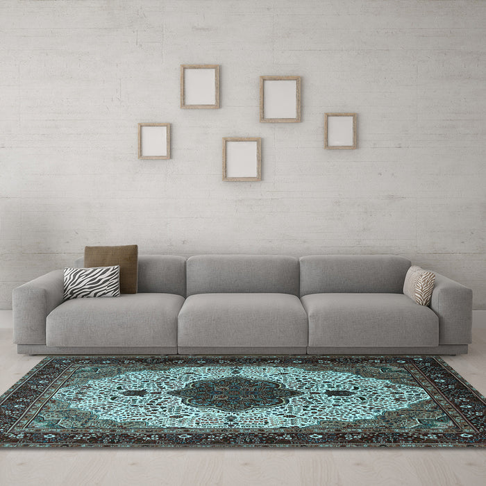 Machine Washable Medallion Light Blue Traditional Rug in a Living Room, wshtr1505lblu