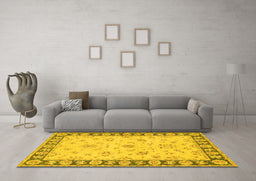 Machine Washable Oriental Yellow Traditional Rug in a Living Room, wshtr1508yw