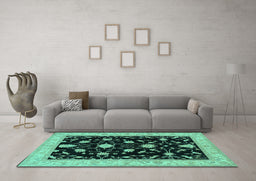 Machine Washable Persian Turquoise Traditional Area Rugs in a Living Room,, wshtr1509turq